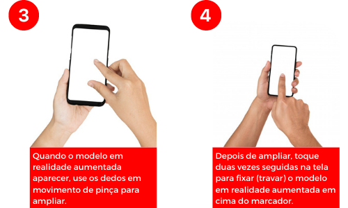 Aponte seu celular ou tablet para o marcador. Quando o modelo em realidade aumentada aparecer, use os dedos em movimento de pinça para ampliar.